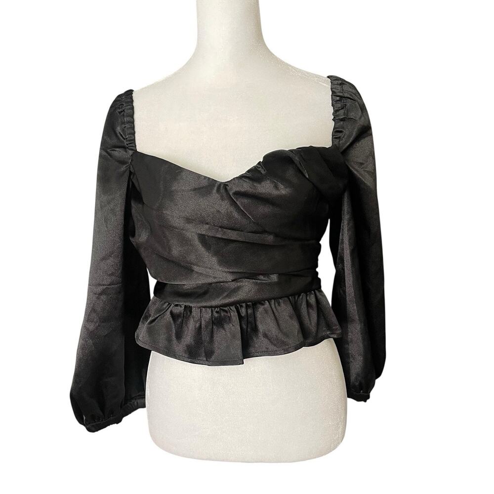 Majorelle Womens Small Crop Top Off the Shoulder Satin Puff Sleeve Black Blouse